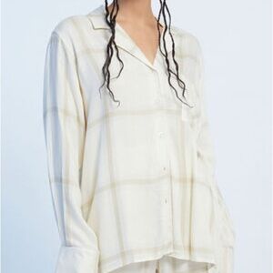 NEW We Wore What Women Button Front Top Medium Tan Plaid Flannel Casual Oversize